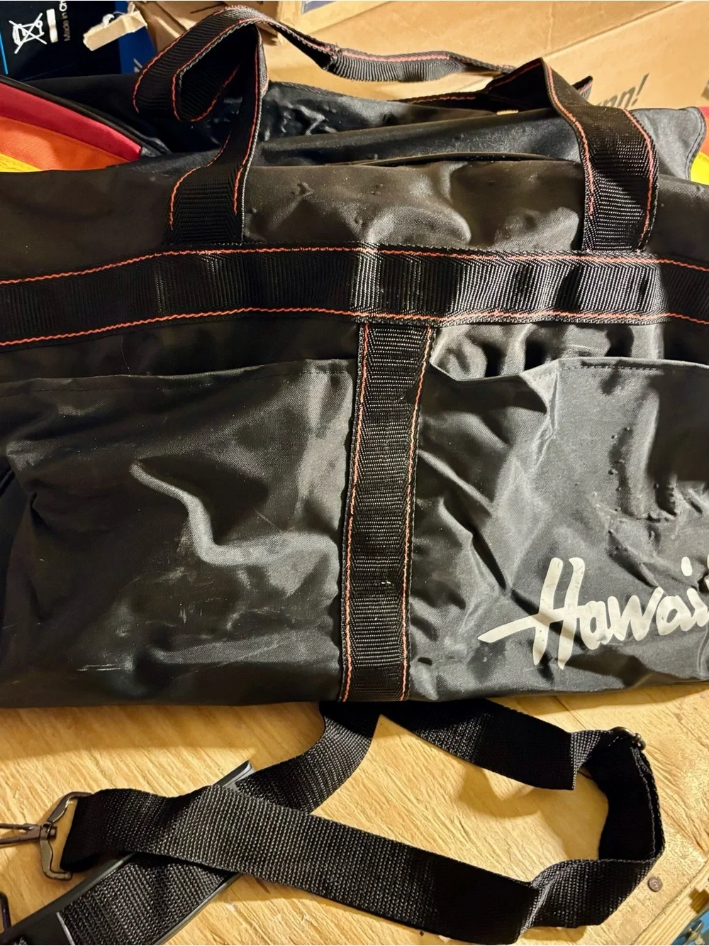 Vintage Hawaii Black Duffel Bag with Rainbow Accents